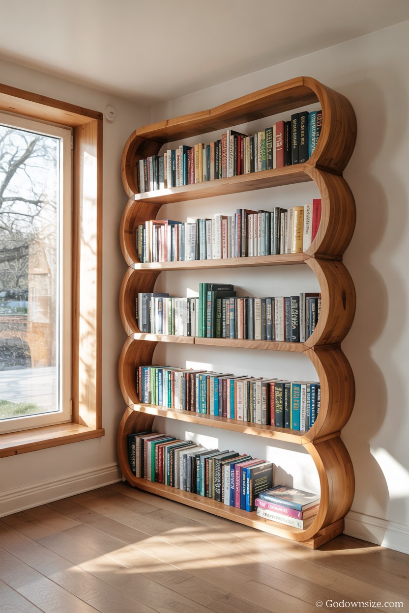 Unique Curved Wood Bookshelf Design Ideas for Bedroom Storage