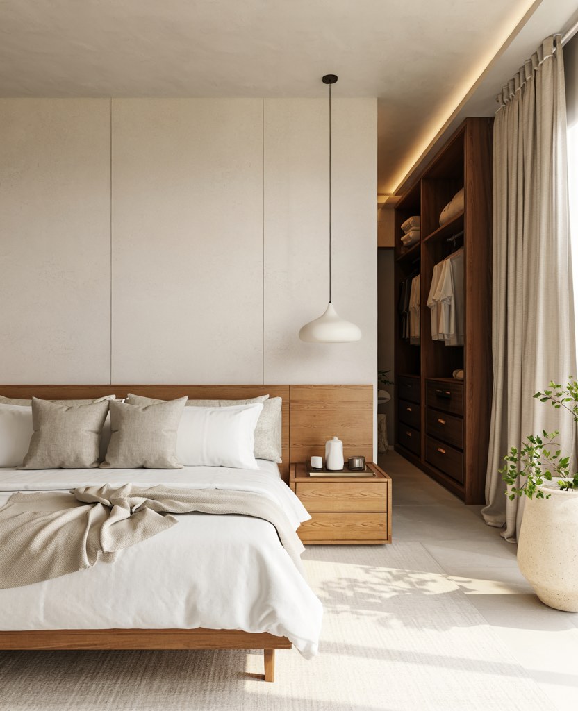 Modern Minimalist Bedroom Design with Wood and White Aesthetic