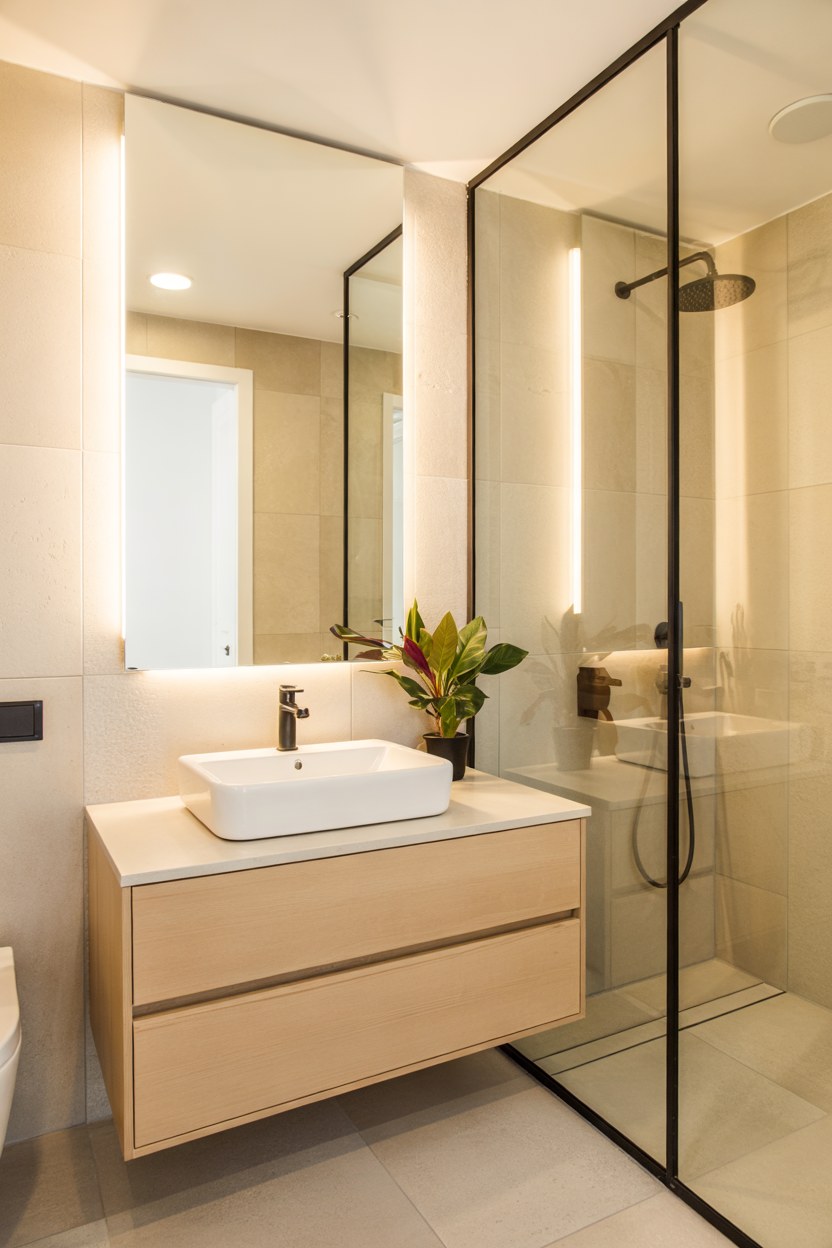 Modern Bathroom Design Ideas with Black Framed Glass Shower Enclosure