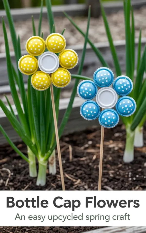 Bottle Cap Garden Flowers: Yellow and Blue Polka Dot DIY Craft