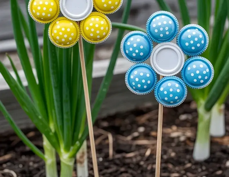Bottle Cap Garden Flowers: Yellow and Blue Polka Dot DIY Craft