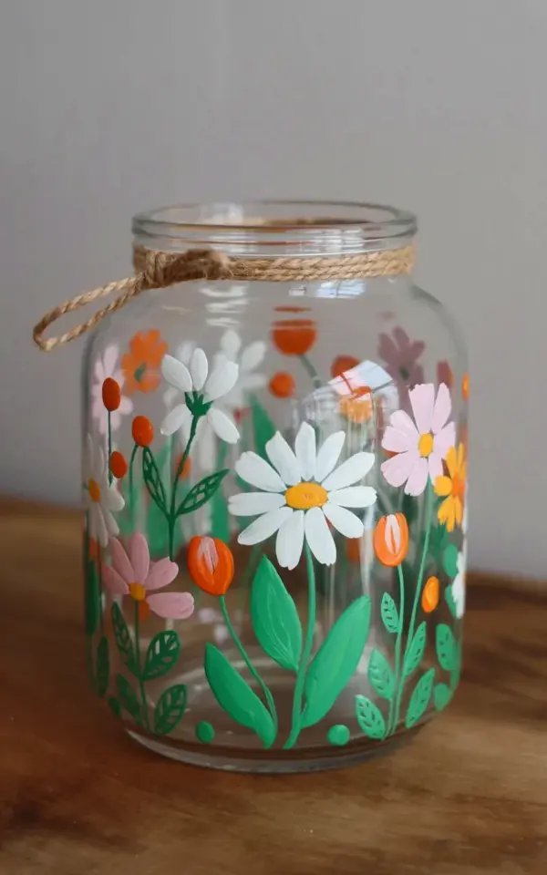 Hand-Painted Glass Jar with Daisies, Cosmos & Tulips | Stunning Watercolor Floral Decor
