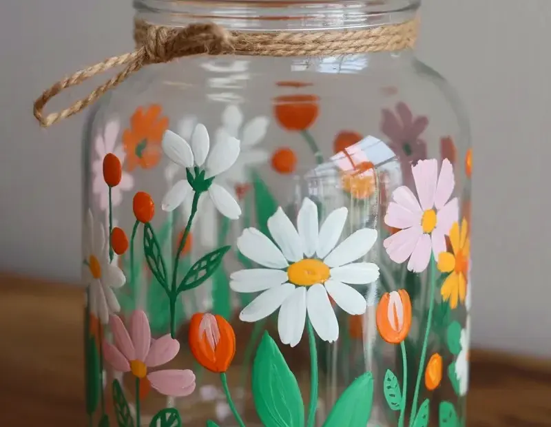 Hand-Painted Glass Jar with Daisies, Cosmos & Tulips | Stunning Watercolor Floral Decor