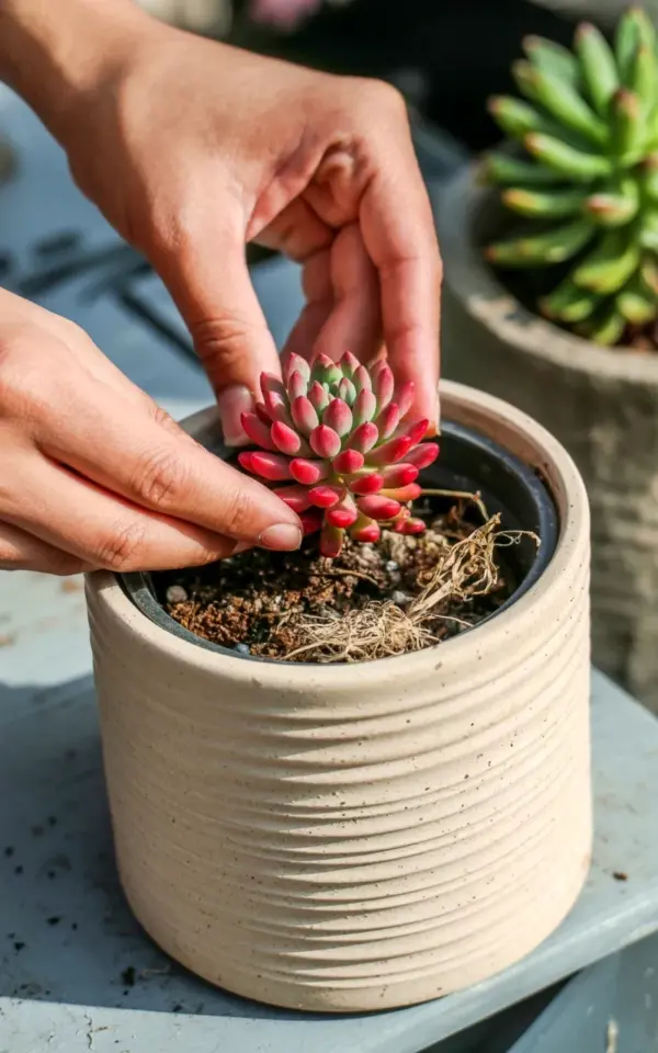 Planting succulents in a ribbed ceramic planter β my current favorite DIY project πΏ