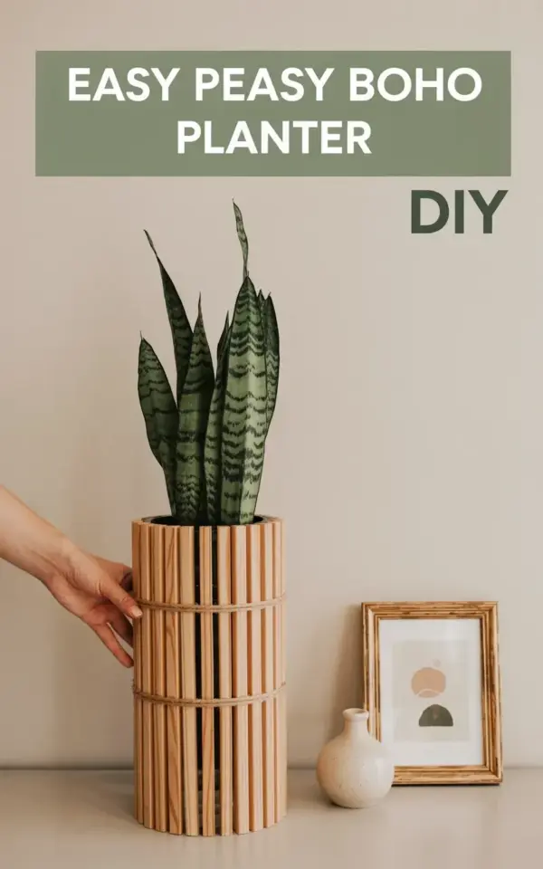 DIY Boho Planter with Snake Plant – Easy Wooden Slat Project
