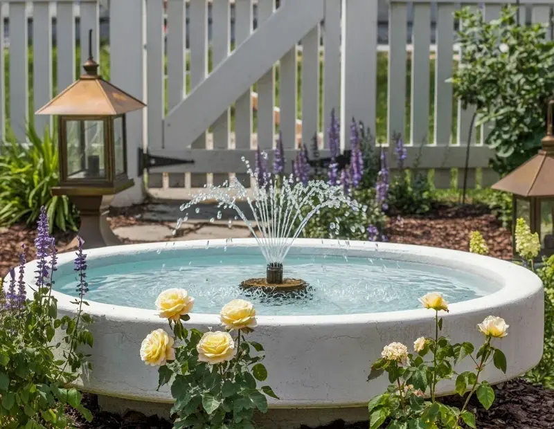 White Stone Garden Fountain with Yellow Roses & Bronze Lanterns