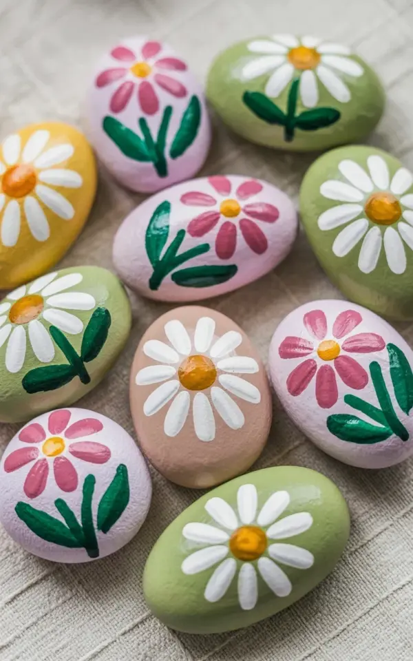 Hand-Painted Garden Stones with Floral Folk Art Designs | Painted Rock Craft Ideas