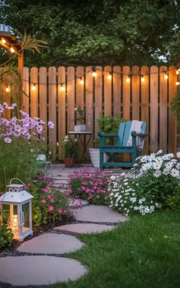 Garden Pathway with String Lights and Flowers – Cozy Backyard Vibe