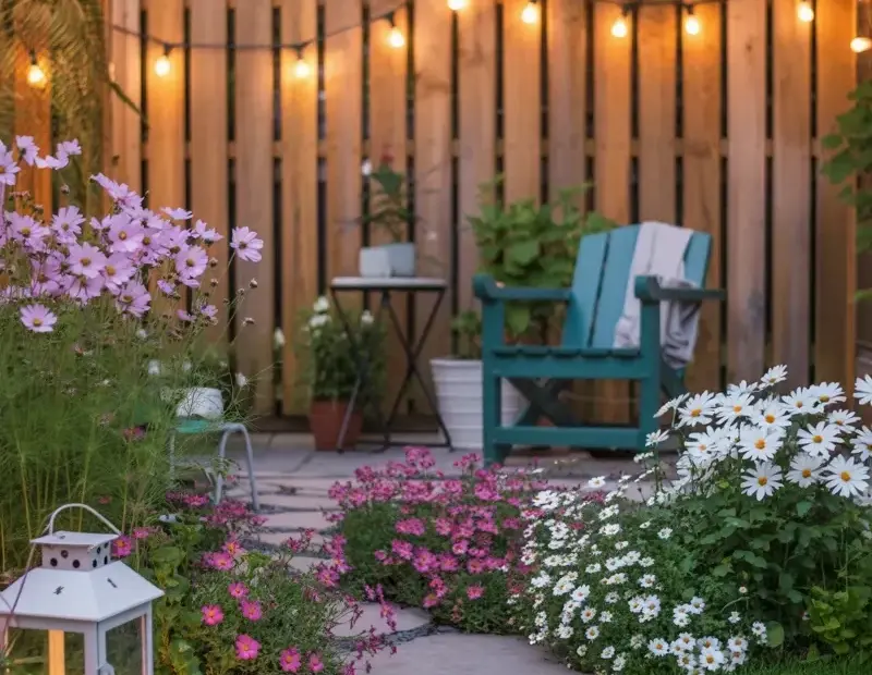 Garden Pathway with String Lights and Flowers β Cozy Backyard Vibe