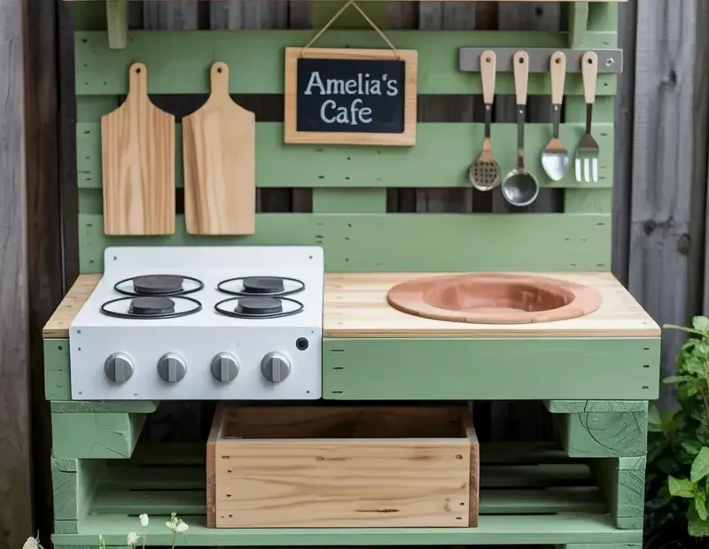 DIY Outdoor Mud Kitchen for Summer - Pallet Stove with Chalkboard Sign