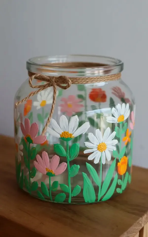 Hand-painted glass jar with watercolor flowers | Spring centerpiece idea