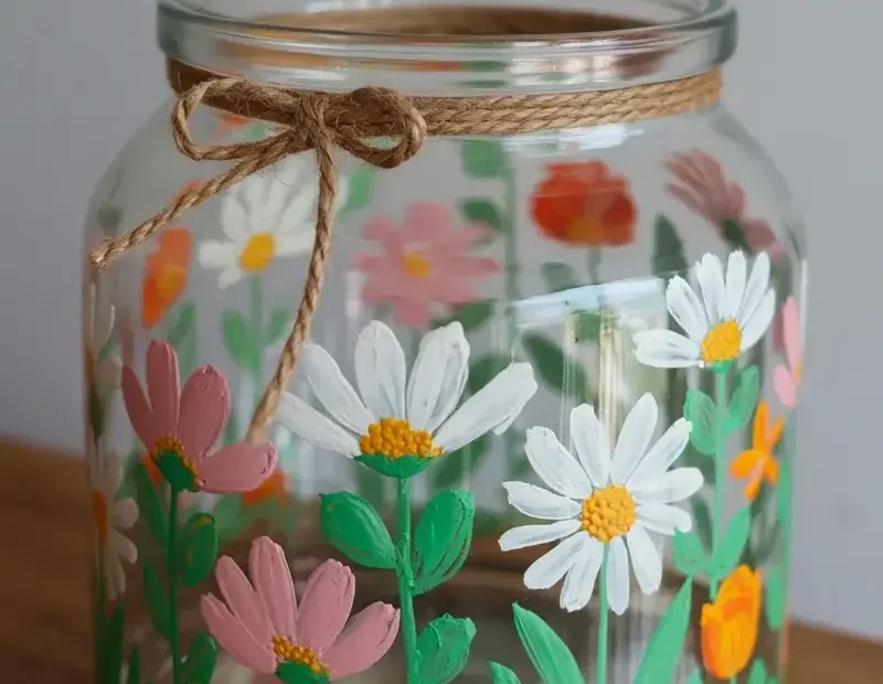 Hand-painted glass jar with watercolor flowers | Spring centerpiece idea