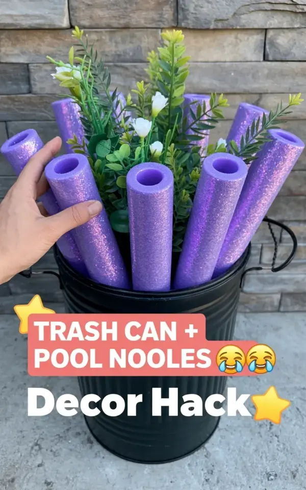 Pool Noodle Trash Can Hack: Purple Glitter Planter DIY