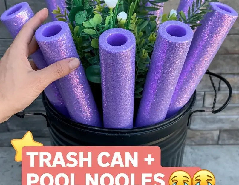 Pool Noodle Trash Can Hack: Purple Glitter Planter DIY
