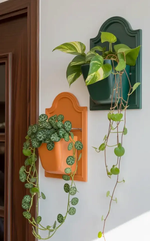 Terracotta Wall Planters with Pothos and String of Hearts - Scalloped Holder Idea