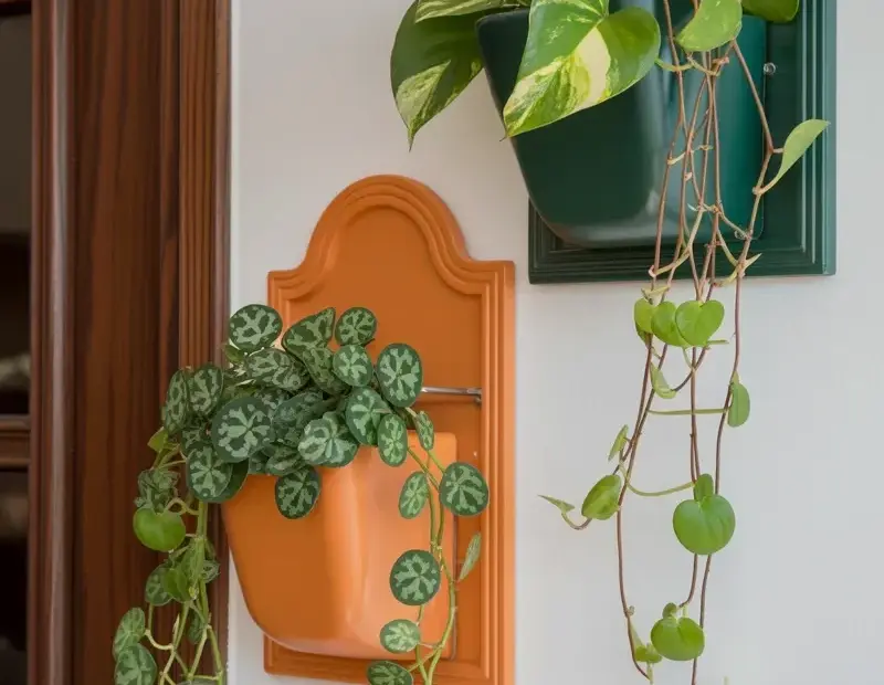 Terracotta Wall Planters with Pothos and String of Hearts - Scalloped Holder Idea