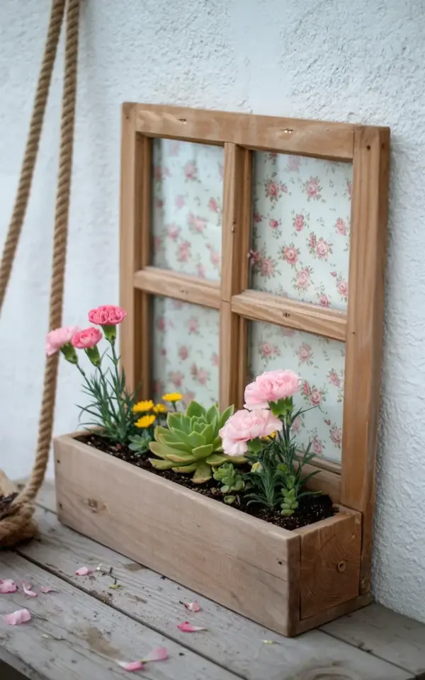 Rustic window box planter with pink carnations, yellow daisies & succulents