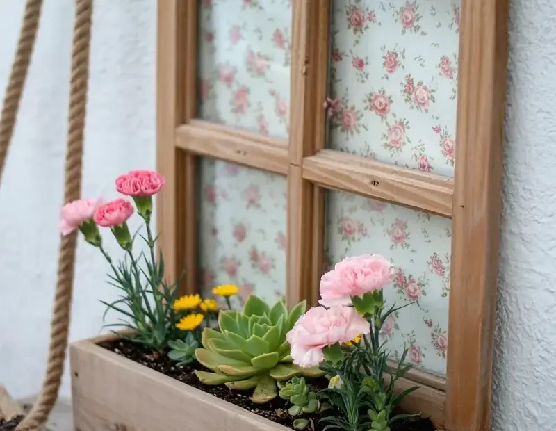 Rustic window box planter with pink carnations, yellow daisies & succulents